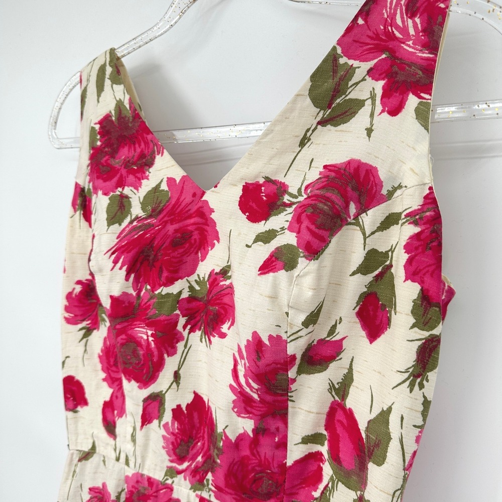 Vintage 50s 60s Floral Barkcloth Wiggle Sheath Dress S Pink Roses Mod Pin Up - Picture 4 of 10